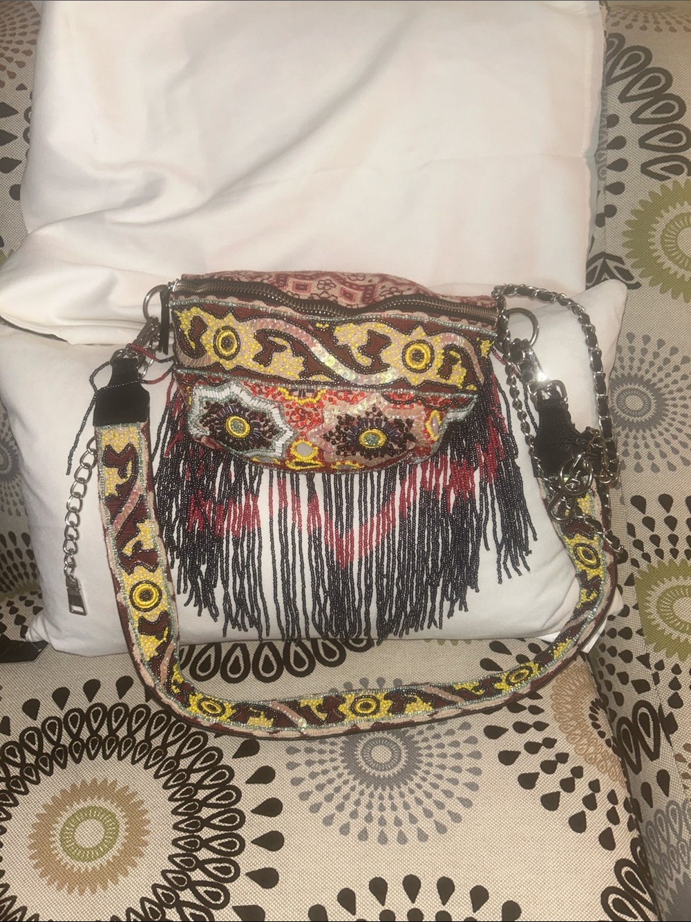 Steve Madden Beaded Fringe Crossbody Bag in Black, Red & Yellow